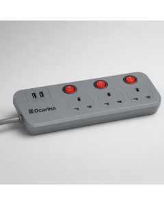 أوكارينا توصيلة كهرباء 3 متر - 3 أفياش بمفاتيح فردية ومنفذا USB - رصاصي - موديل OCREX3W53U3G