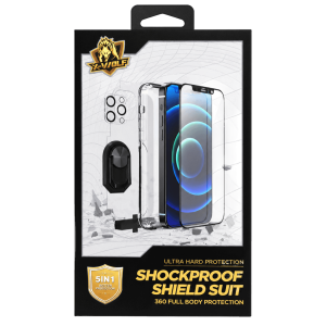بكج حماية 5 * 1 من اكس ولف X-WOLF - للايفون 11 وايفون 12 ( مسكة جوال - حامي كاميرا - كفر حامي - حراري خلفي - ستكر شفاف للشاشة )