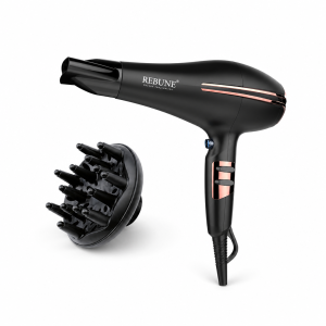 Rebune hair dryer 2200W — black / rose-gold accents — concentrator + diffuser — RE-2079