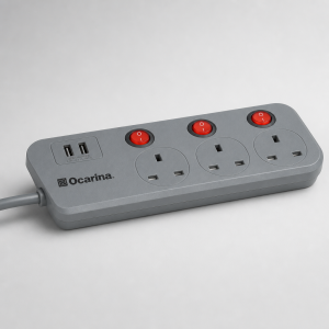 أوكارينا توصيلة كهرباء 3 متر - 3 أفياش بمفاتيح فردية ومنفذا USB - رصاصي - موديل OCREX3W53U3G