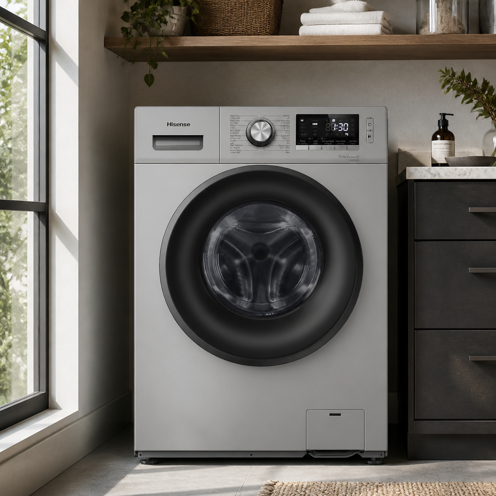 غسالة هايسنس WF1B721US في غرفة غسيل